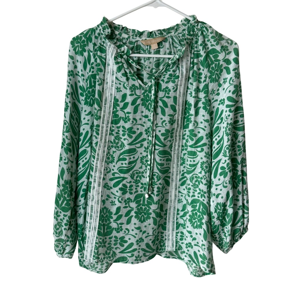 Hope & Harlow Green White Floral Peasant Blouse Ruffle Tie Neck Lace Trim Medium